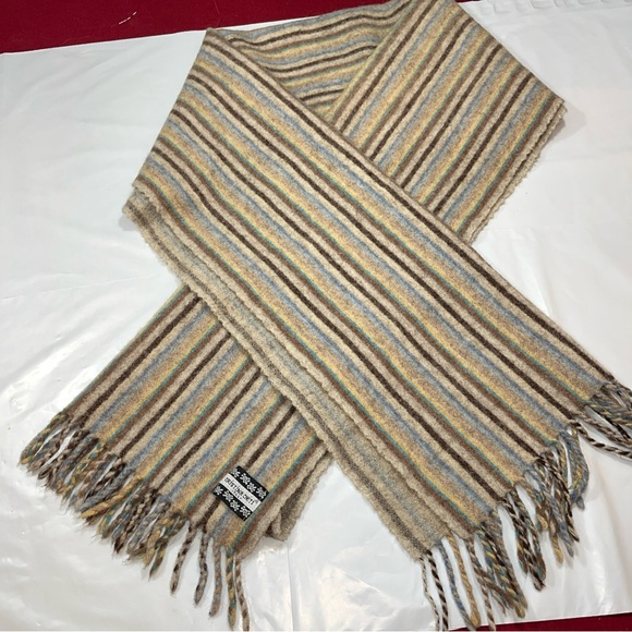 Christina Chiti WOOL shawl SCARF Tan Blue Cream STRIPED SHAWL fringe Wrap 17x65” - Picture 16 of 16